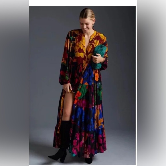 NWT $228. Anthro multicolored button front long sleeve maxi dress size medium. - Picture 7 of 13